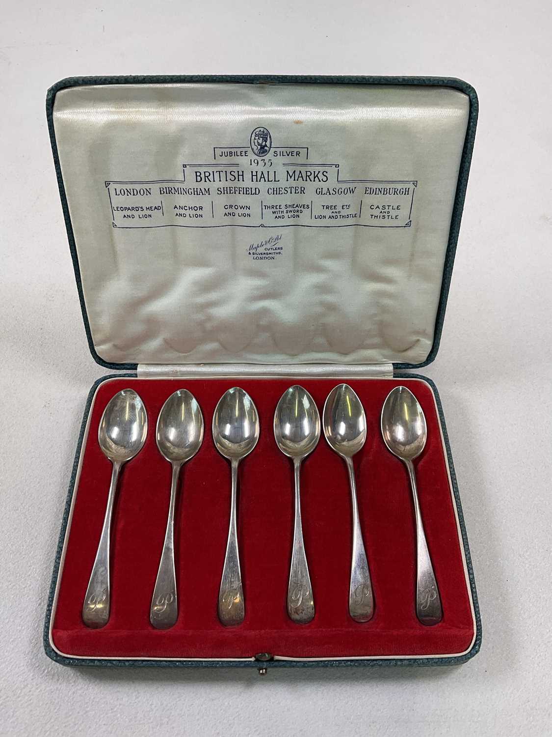 MAPLE & CO, LONDON; cased set of six George V hallmarked silver teaspoons, with 1935 jubilee - Image 2 of 4