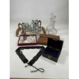 Collectors items including a Picquot ware teaset and tray, pair of cut glass decanters, jewellery