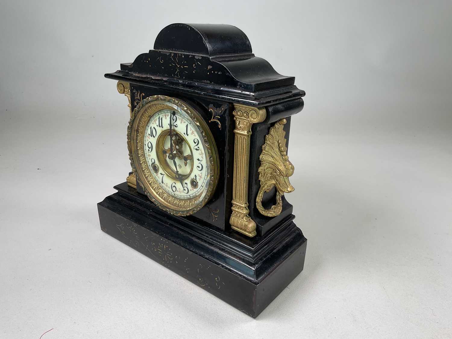 ANSONIA CLOCK CO; a mantel clock in black enamelled iron case with gilded decoration, height 31cm, - Image 4 of 4