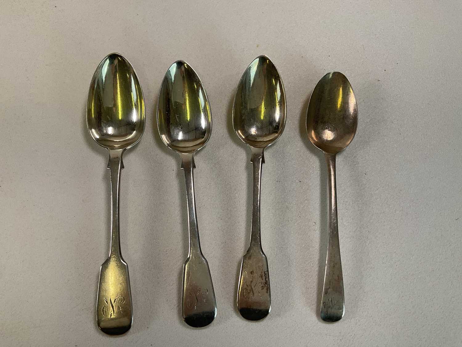 WILLIAM ELEY; a set of three George IV hallmarked silver fiddle pattern tablespoons, a matched set - Image 9 of 12
