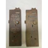 Two William Dibben and Sons Ltd large brass penny in the slot lock plates, both stamped 'ETAS No.