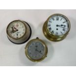 Three brass ship's clocks including a Russian naval submarine clock circa 1960, diameter 17cm