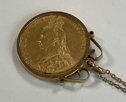 A Victorian full sovereign, 1890, in pendant swivel loop mount and suspended on a 9ct fine link