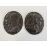 A pair of oval bronzed pewter portrait plaques of Dante & Beatrice and Raphael & Fornarina, height
