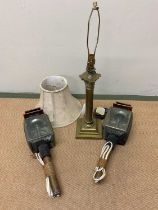 A brass table lamp and two converted carriage lamps, table lamp height 45cm.