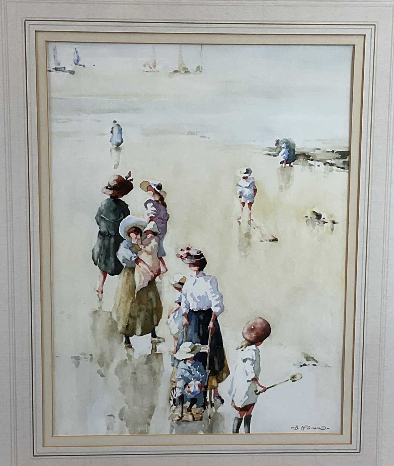 † BERNARD MCDONALD (born 1944); watercolour, figures on a beach, signed, 39 x 29cm, framed and - Bild 2 aus 3
