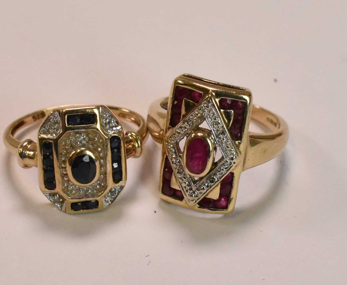 Two 9ct yellow gold Art Deco inspired dress rings, sizes K 1/2 and J, (the blue stone ring