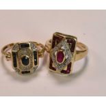 Two 9ct yellow gold Art Deco inspired dress rings, sizes K 1/2 and J, (the blue stone ring