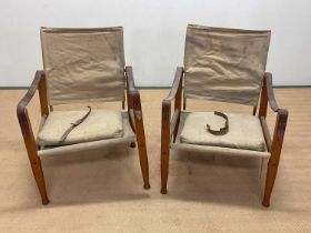 KAARE KLINT FOR CARL HANSEN & SON; a pair of mid 20th century Safari chairs, constructed of canvas