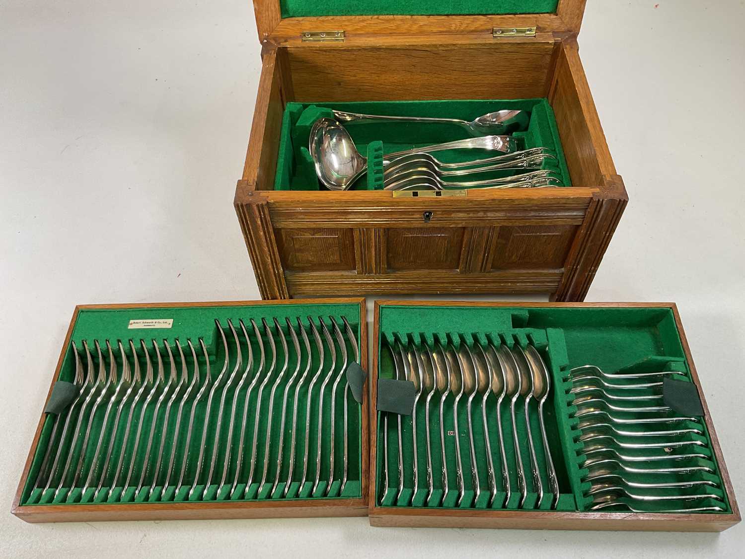 An oak cased canteen of silver plated cutlery, the case unusually modelled as a coffer. - Image 5 of 5