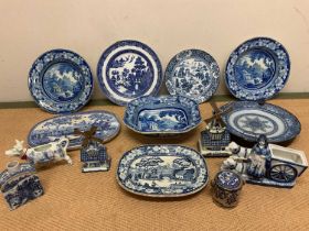 A group of mainly English blue and white ceramics, also some Dutch examples including a late 18th