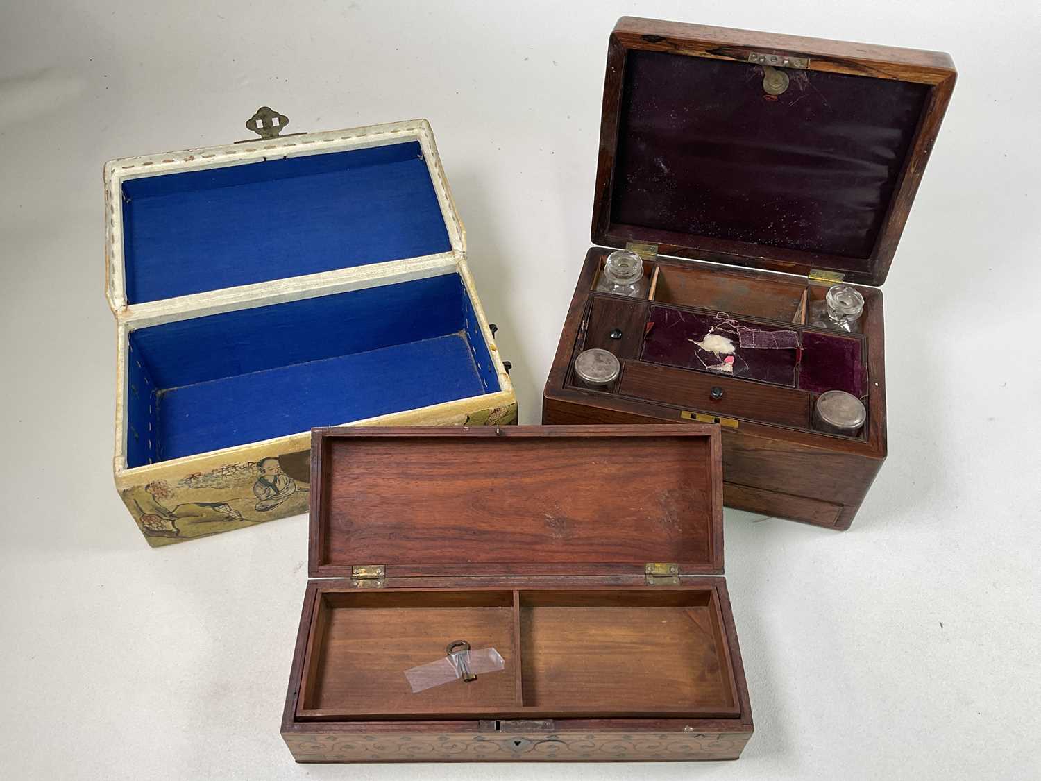 A Victorian rosewood travelling box with drawer to base, height 15cm, width 28cm, an Indian brass - Image 2 of 3