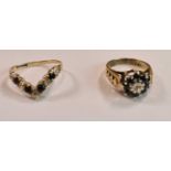 Two 9ct yellow gold dress rings, one of wishbone form, one of floral form, both set with