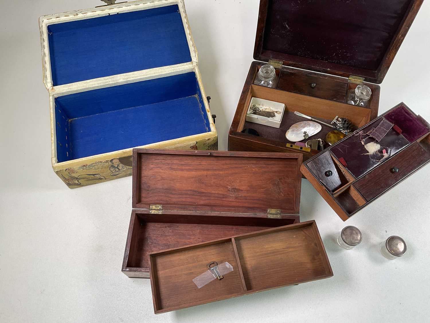 A Victorian rosewood travelling box with drawer to base, height 15cm, width 28cm, an Indian brass - Image 3 of 3