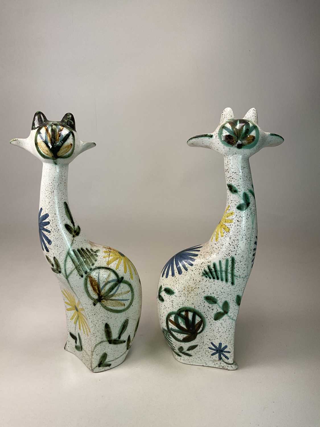 † David Sharp for Rye Cinque Ports pottery; a pair of giant pottery cats with floral decoration, - Image 4 of 6