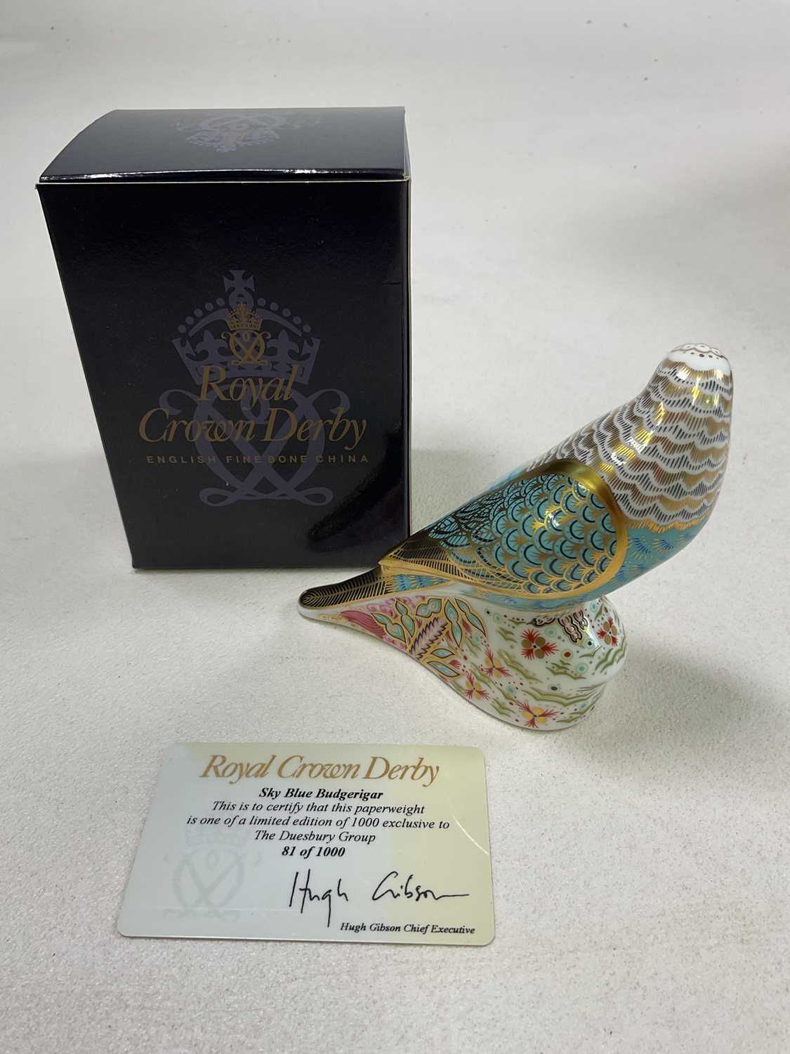 ROYAL CROWN DERBY; a 'Sky Blue Budgerigar' paperweight, limited edition no. 81/1000, with gold - Bild 2 aus 3