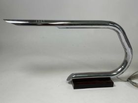 A mid 20th century Italian tubular chrome desk lamp with amber lucite base, height 34cm, length