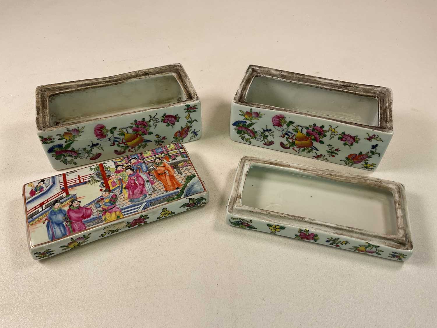 A Canton Famille Rose pair of boxes 20 x 9 x 9.5cm, also a Chinese scroll, 160 x 44cm and - Image 4 of 15
