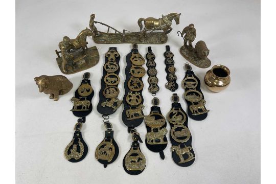 A quantity of brassware, all farming related, including a selection of horse brasses, model of a - Image 2 of 2