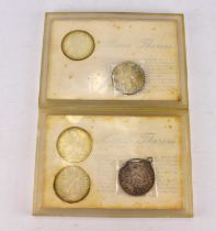 Five Maria Theresa Thaler, silver re-strikes, two cased slabs, one containing a coin, one with two