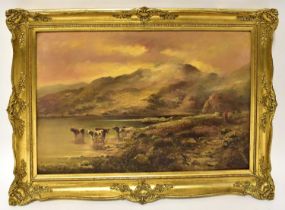 J WILLIAMSON (19th century); oil on canvas, highland cattle scene with a figure walking along a