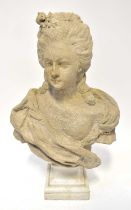 A reconstituted stone bust of a Georgian woman, on square form column base, height 72cm.