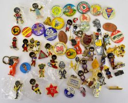 Various vintage tin-plate badges and a collection of Robertson's 'Golly' character badges.