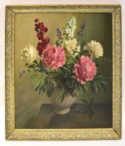 † EVANS (20th century); oil on canvas, still life of vase of roses and delphiniums on a table,