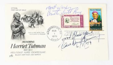 A first day cover commemorating Harriet Tubman, bearing signatures for Coretta Scott King and