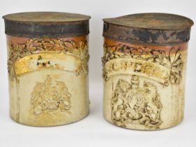 DOULTON LAMBETH; two salt glazed military storage jars with royal crest and embossed oak leaf