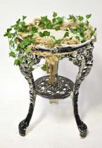 A cast metal pub table base converted to a plant stand inset with stone dish, height 69cm,