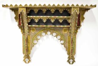 A Moorish ornate painted wooden shelf with pierced and scrolled decoration, 101 x 132cm. Condition