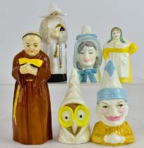 ROYAL WORCESTER; six vintage porcelain candle snuffers comprising 'Mrs Caudle', 'French Cook',