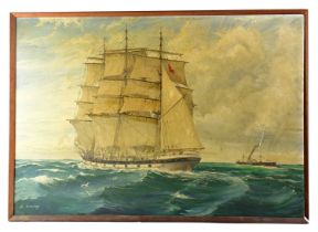 † J. A. DRINKWATER; oil on board depicting a three-masted sailing ship 'Ellen & May Liverpool',