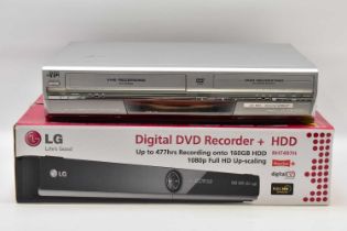 A JVC Video Plus Deluxe DR-MV1 VHS hi-fi, SQPB, VHS and DVD recorder with remote and cables.