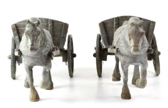 A pair of metal horses with carts, length approx. 42cm (2).