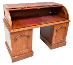 A reproduction mahogany tambour top desk with red leather insert on pedestal bases, 106 x 140 x