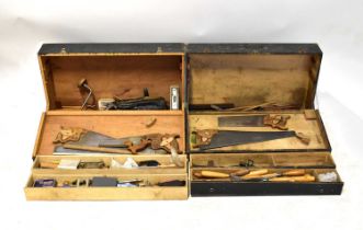Two wooden tool boxes containing an array of vintage tools, including a Stanley bib and brace set,