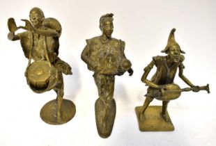 A pair of African cast metal figures of musicians, height 34cm, and a similar slightly smaller
