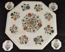 A vintage marble tabletop centrepiece of octagonal form inset with mosaic floral pattern, together