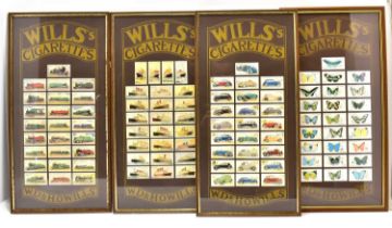 WILL'S CIGARETTES; four framed displays of cigarette cards comprising, locomotives, butterflies,