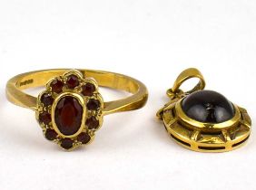 A 9ct gold ruby cluster dress ring, size P, approx. 3.4g, together with a 9ct gold necklace