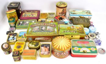 A large collection of vintage and reproduction advertising tins to include 'A-Hunting We Will Go' by