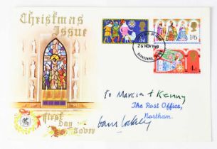 DAVID HOCKNEY; a Christmas themed first day cover signed and dedicated, 'To Marcia and Kenny, The