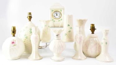 BELLEEK; eleven items comprising a large table lamp with basketweave and shamrock decoration, height