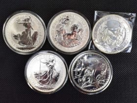 Five silver Britannia's fine silver coins, each 1ounce fine silver 0.999 (5).