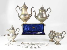 A small quantity of silver plated ware to include a four-piece tea service, a footed scalloped