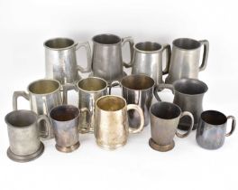 Approximately thirteen various pewter, stainless steel and silver plated mugs, tallest 13cm (13).