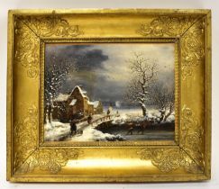 FOLLOWER OF LOUIS CLAUDE MALLEBRANCHE; oil on canvas, winter scene of figures on a bridge and