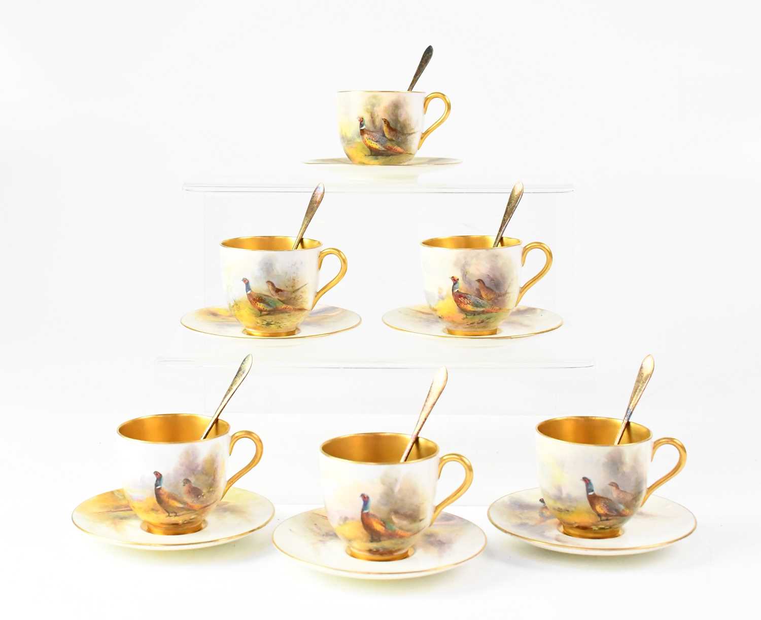 JAMES STINTON FOR ROYAL WORCESTER; a set of six hand painted coffee cups and saucers, with pheasants - Image 2 of 2